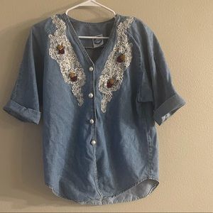 Vintage Denim Shirt with Lace and Pearl Details